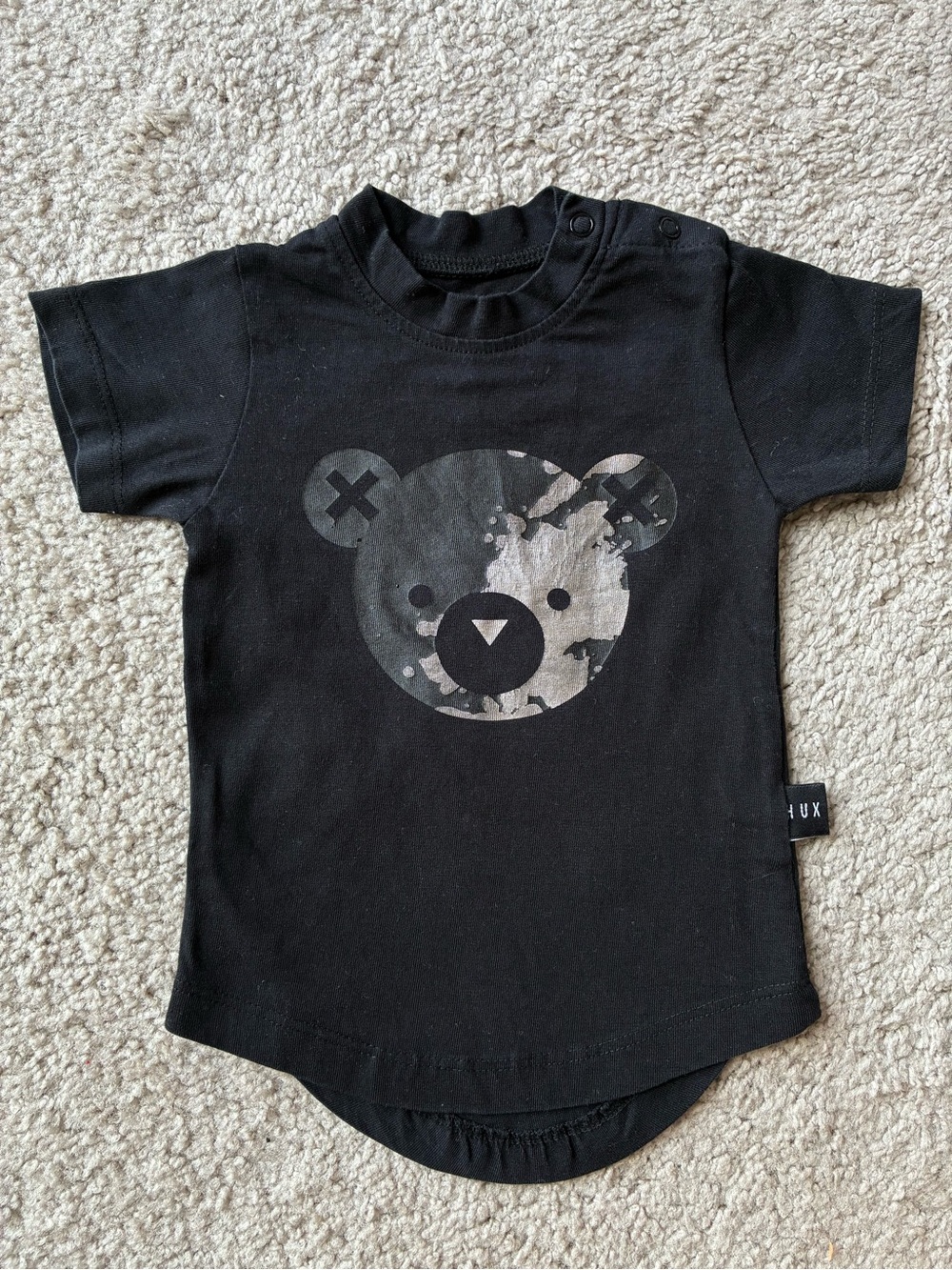 Huxbaby Black Tee with Camo Bear Graphic
